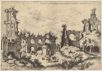 Ansicht der Ruinen auf dem Palatin-Hügel mit Trabeatenfassade links und Arkaden in der Mitte, 1550
