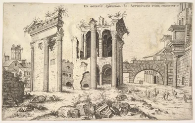 Ansicht unbekannter Ruinen mit trabeierter Fassade links, Arkaden in der Mitte und Bogen, 1551