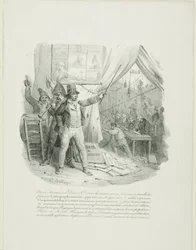 Kommen Sie herein, meine Damen und Herren, drinnen sehen Sie die berühmte Lithographantoccini-Familie... Frontispiz für "Album von 1824"