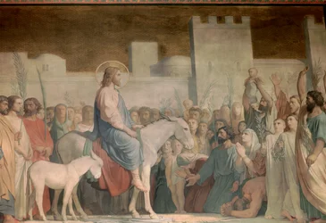 Einzug Christi in Jerusalem am Palmsonntag: Die Einwohner begrüßen ihn freudig, indem sie ihre Kleider auf dem Boden ausbreiten und Olivenzweige schwenken. Detail eines Freskos von Hippolyte Flandrin (1809-1864). 19. Jahrhundert, Kirche