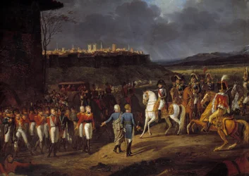 Spanienfeldzug: Kaiser Napoleon I. wurde in Astorga, Spanien, englische Gefangene vorgestellt und befahl, sie mit besonderer Sorgfalt zu behandeln, Januar 1809. Detail. Gemälde von Hippolyte Lecomte (1781-1857) 1810