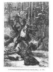 Der Franzose konnte drei von ihnen mit einem Schlag flachlegen, Illustration aus In 80 Tagen um die Welt von Jules Verne, graviert von Henri Theophile Hildibrand, 1873