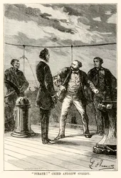 „Pirat!“, rief Andrew Speedy, aus „In 80 Tagen um die Welt“ von Jules Verne (1828-1905), gestochen von Louis Dumont (geb. 1822), 1873