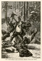 Der Franzose hatte drei mit seinen Fäusten betäubt, aus In 80 Tagen um die Welt von Jules Verne (1828-1905) graviert von Henri-Théophile Hildebrand (1824-97), 1873
