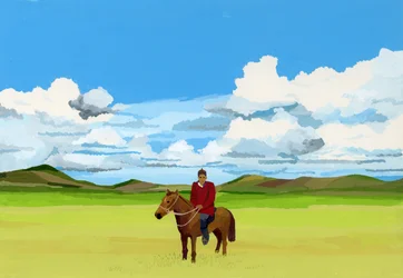 Mongolische Steppe und Menschen auf Pferden, 2015