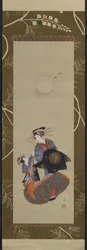 Schönheit von Yoshiwara mit Lehrling im Mondlicht