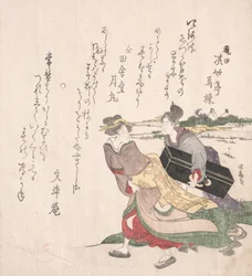 Geisha-Mädchen eilt mit einer Dienerin, die eine Shamisen-Box trägt