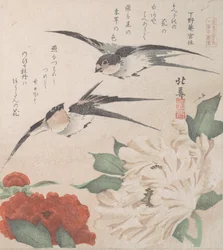 Sammlung Frühlingsregen Harusame shu, Bd. 3: Schwalben und Pfingstrosen, ca. 1820