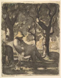 Ein Mann liest in einem Garten recto, Vorzeichnung für einen Mann, der in einem Garten liest..., ca. 1865