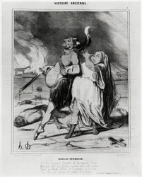 Alte Geschichte: Menelaos Sieger, Karikatur zur Illustration eines Auszugs aus der Ilias von Homer: „Auf den rauchigen Mauern des prächtigen Troja, Menelaos, Sohn der Götter, wie eine reiche Beute, entführt seine blonde Helena und bringt sie zu seinem Hof,