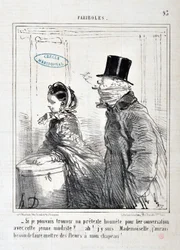 Charivari: Serie FARIBOLES. - Wenn ich nur einen ehrlichen Vorwand finden könnte, um ein Gespräch mit diesem jungen Modell zu beginnen?... Ah! Ich habe es... Fräulein, ich muss Blumen auf meinen Hut setzen! MUSEUM OF FINE ARTS - PALACE LONGCHAMP, MARSEILLE