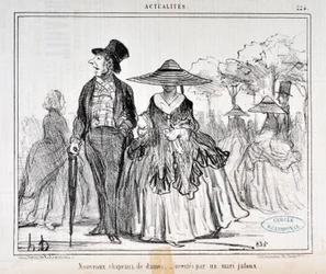Werk von Honore Daumier (1855): Serie Actualites „Neue Damenhüte, erfunden von einem eifersüchtigen Ehemann“