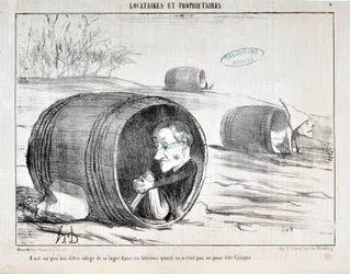 Werk von Honore Daumier (1854): Serie TENNIQUES ET OWNIRES „Es ist ein bisschen hart, in einem Fass wohnen zu müssen, wenn man nicht zynisch sein will“