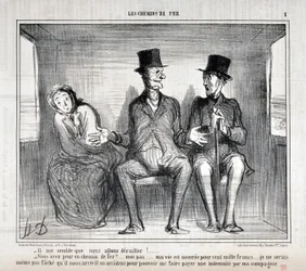 Werk von Honore Daumier (1808-1879). Charivari aus dem Jahr 1857: Serie LES RAILWAYS „Es scheint mir, dass wir entgleisen werden!... Haben Sie Angst auf der Eisenbahn?... ich nicht... mein Leben ist für hunderttausend Francs versichert... ich möchte mir ni