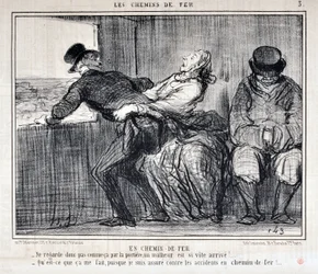 Charivari von 1858: Serie LES RAILWAYS. Durch die Eisenbahn - Also schau nicht so durch die Tür, ein Unglück kommt so schnell!... Was kümmert es mich, da ich gegen Unfälle auf der Eisenbahn versichert bin. MUSEE DES BEAUX ARTS - PALAIS LONGCHAMP, MARSEILLE