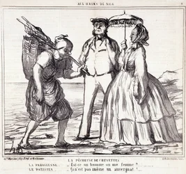Karikatur über Pariser Touristen im Urlaub. Serie „Ax Bains de Mer“: „Das Garnelenfischen...“ Gravur von Honore Daumier (1808-1879). Auszug aus der Zeitung „Le Charivari“ vom 5. September