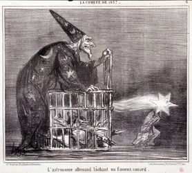Karikatur über Wissenschaft. Serie Sur „der Komet von 1857“: „Der deutsche Astronom verlässt eine berühmte Ente“. Gravur von Honore Daumier (1808-1879). Auszug aus der Zeitung „Le Charivari“ 2. März