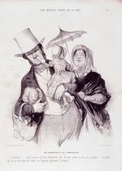 Karikatur über die Familie. Serie „Die schönen Tage des Lebens“: „Ein Sonntag auf dem Land...“. Gravur von Honoré Daumier (1808-1879). Auszug aus der Zeitung „Le Charivari“ vom 21. Juli.