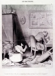 Karikatur über Schriftstellerinnen. Serie „Bas Bleus“: „Die Mutter ist im Feuer der Komposition, das Kind im Wasser des Bades!“