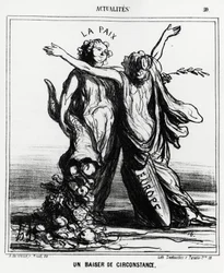 Europa und der Frieden: ein besonderer Kuss. Illustration von Honoré Daumier (1808-1879), veröffentlicht in den Nachrichten von „Le Charivari“, datiert auf den 1. April