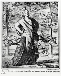 Europa: die Wolke von Enten verdunkelt die Luft so sehr, dass das arme Europa nicht mehr weiß, welchen Weg es nehmen soll. Illustration von Honore Daumier (1808-1879), veröffentlicht in den Nachrichten, „Charivari“, datiert 22. Oktober