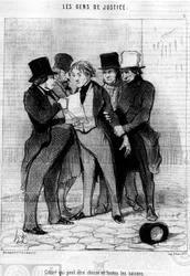 Spiel, das in allen Jahreszeiten gejagt werden kann, aus der Serie „Gens de Justice“, Karikaturen über die Justiz von Honore Daumier (1808-1879). „Charivari“