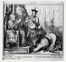 Tschinn, tschinn... Sie bringen mir gute Nachrichten! Ich gewähre Ihnen die große Ehre, den erhabenen Staub meiner erhabenen Schuhe zu küssen. Aus der Serie In China, Illustration von Honoré Daumier (1808-1879), veröffentlicht in „Le Charivari“, datiert