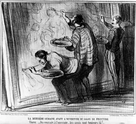 Die letzte Woche vor der Eröffnung des Salons de Peinture. Choughtness - Vom Mut zur Arbeit, Freunde sind immer da!... , aus Gemälde und Salons, Karikaturenserie von Honoré Daumier (1808-1879). Charivari