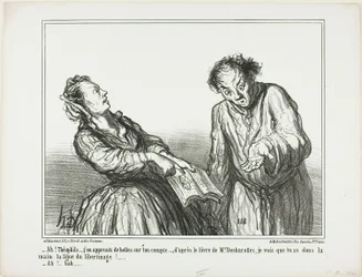 „- Ah, Théophile, was für schreckliche Dinge lese ich über dich. Laut dem Buch von Herrn Desbarolles kann ich erkennen, dass du in deiner Hand die Linien der Ausschweifung hast!… - Oh, na ja…,“ Platte 1 aus Ces Bons Parisiens