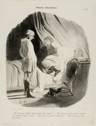 „- Eh! meine Didine, haben wir genug getanzt? - Oh, erwähne es nicht mehr, ich bin völlig erschöpft - Dann zieh deine Strümpfe aus und geh ins Bett! - Um Himmels willen, nein.. wirklich, ich bin einfach zu müde!“, Platte 56 aus Moeurs Conjugales