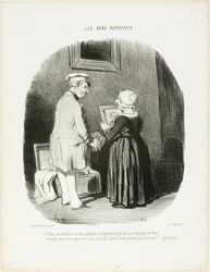 „- Hier, meine Frau, ist mein Daguerreotyp-Porträt, das ich dir aus Paris mitgebracht habe... - Warum hast du nicht meins gemacht, während du dort warst... verschwinde, du Egoist!“, Platte 28 aus Les Bons Bourgeois