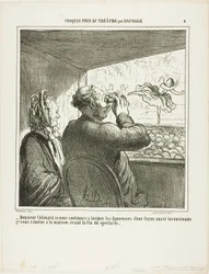 „- Herr Colimard, wenn Sie nicht sofort aufhören, die Tänzerinnen auf so ungehörige Weise anzustarren, werde ich Sie vor Ende der Vorstellung nach Hause bringen!“, Platte 4 aus Croquis Pris Au Théâtre par Daumier