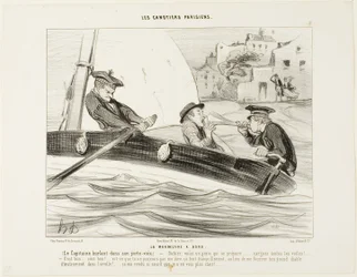 Ein Boot-Manöver. Der Kapitän schreit in sein Sprachrohr: "- Gabier! Es zieht ein Sturm auf, mach dich bereit!..... Alle Segel einholen!... Das ist gut:.... sehr gut! - Warum hast du mir das nicht ruhig gesagt, anstatt mir dieses riesige Instrument ins Ohr