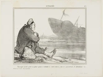 Ein Passagier, der sein Ticket nach NEW YORK auf der LEVIATHAN bezahlt hat, wartet darauf, dass das Schiff endlich ins Wasser gesetzt wird, Tafel 479 aus Actualités