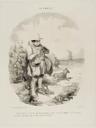 „Verdammtes Land! Ich schieße nur auf Spatzen... und nur Weibchen... und dieser geniale Wächter bestand darauf, dass der Ort voller Kaninchen ist,“ Platte 5 aus La Chasse