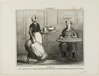 Kräutertee. „- Hier, Monsieur, ich dachte, ich bringe gleich das ganze Heubündel mit, damit Sie selbst über die Stärke Ihres Tees entscheiden können,“ Platte 416 aus Actualités