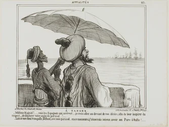 In Tanger. „- Erhabene Majestät... die Spanier kommen... um sie zu erschrecken, habe ich mir die Freiheit genommen, Ihren Regenschirm vollständig zu öffnen als Zeichen Ihrer Größe! - Lass mich in Ruhe mit meinem Regenschirm, Belboul... ich hätte lieber ein