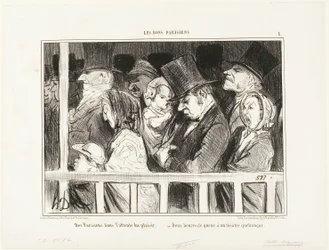 Pariser freuen sich auf ein wenig Vergnügen. Zwei Stunden lang vor irgendeinem Theater der Stadt Schlange stehen, Tafel 1 aus Les Bons Parisiens