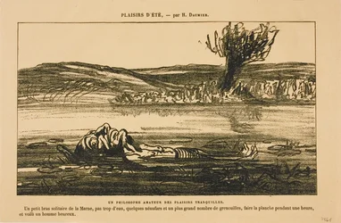 Philosophische Betrachtungen eines Liebhabers stiller Freuden. Auf dem Rücken eine Stunde in einem ruhigen Nebenfluss der Marne mit wenig Wasser, einigen Seerosen und vielen Fröschen treiben: Das macht einen Mann glücklich!, aus Les Baigneurs