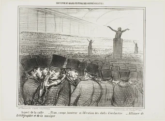 Ansicht der großen Halle. Karte, Höhe und Ansicht von vorne des Dirigenten. Große Allianz zwischen Telegraph und Musik, Platte 1 aus Souvenir Du Grand Festival Des Orphéonistes