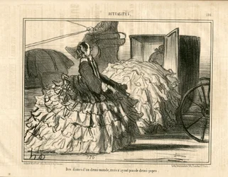 Le Charivari, Satirique en N & B, ca. 1855: Nachrichten Nr. 190. Damen einer Halbwelt, aber keine Röcke. - Mode, Transport, Krinolinen - Frauen Illustration von Honore Daumier (1808-1879)