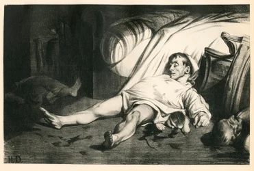 Hundertzwanzig Lithografien von H. Daumier, Satirisch in Schwarz-Weiß, circa 1834: Massaker der Rue Transnonain (Paris) - Republikaner, Tote Körper, Repression - Illustration von Honore Daumier (1808-1879)