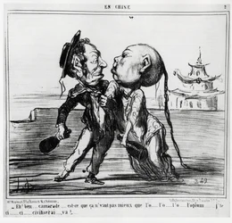 Zweiter Opiumkrieg (1856-1860): 1858 stimmte die chinesische Regierung unter französisch-britischem Druck der Legalisierung des Opiumhandels zu: "He! Nun, Kamerad... Ist es nicht besser als das O... O... Opium... zi... zi... zi... zivilisieren... los"