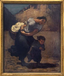 Der Sturm (die Lavendel). Eine Frau hält einen kurzen Korb mit einem Kind, wahrscheinlich um sich vor dem Regen zu schützen