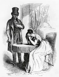 Frau in Verzweiflung unter dem Blick eines Mannes, Illustration aus 