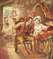 Die Geburt von Tom Thumb, Illustration aus Our Nurses Picture Book, graviert von Kronheim & Co., 1869