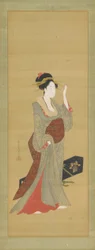 Eine Geisha, die eine Schildpatt-Haarnadel anpasst, späte 18. Jahrhundert
