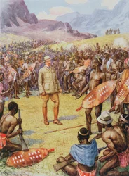 Cecil Rhodes (1853-1902) mit den Matabeles aus 