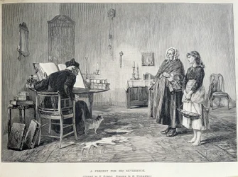 Zwei irische Frauen bringen einem Geistlichen ein Geschenk. Gravur von H. Werdmuller nach dem Gemälde von H. Helmick im 19. Jahrhundert