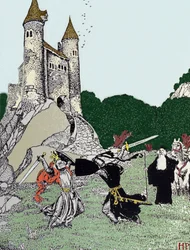 Kampf zwischen König Artus und dem schwarzen Ritter in Anwesenheit von Merlin dem Zauberer. Illustration von Howard Pyle (1853 - 1911), amerikanischer Illustrator